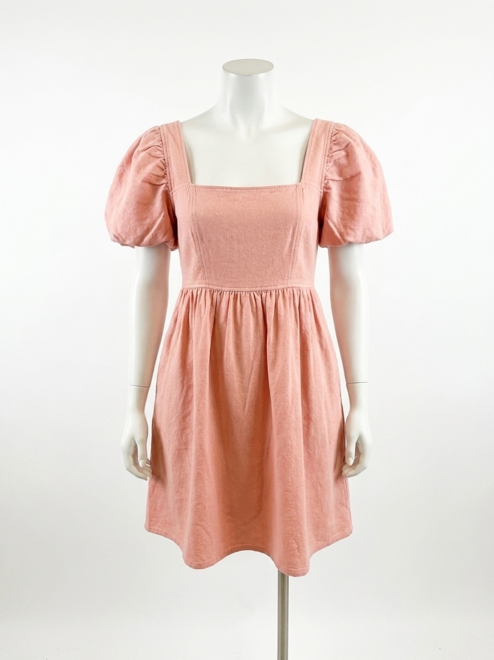 NEW MITTOSHOP washed denim puff sleeve babydoll dress in coral